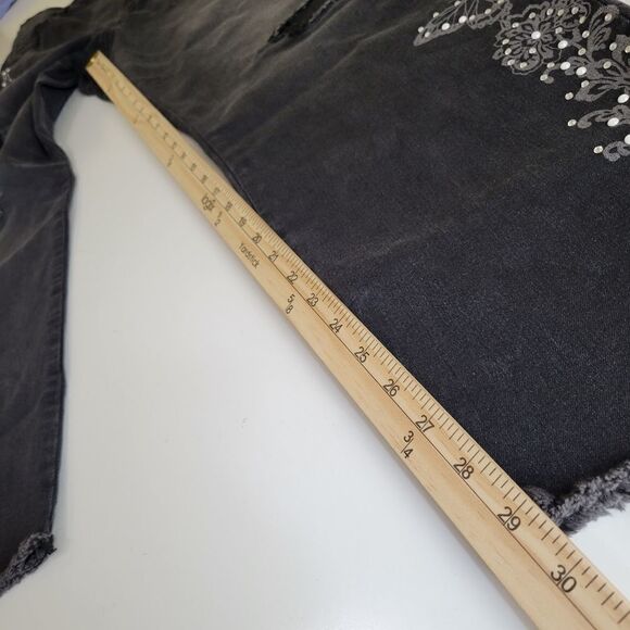 NEW 24 W boho butterfly rhinestone pearl distressed raw black stretch jeans NWT - Picture 5 of 16